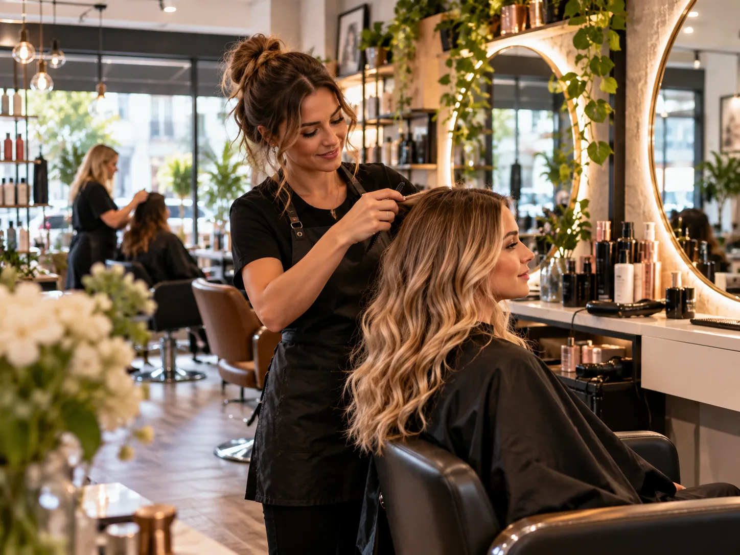 Hair stylist working with client in modern salon