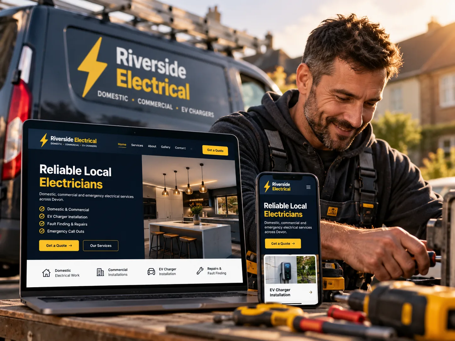 Electrician website on laptop and phone with tradesperson